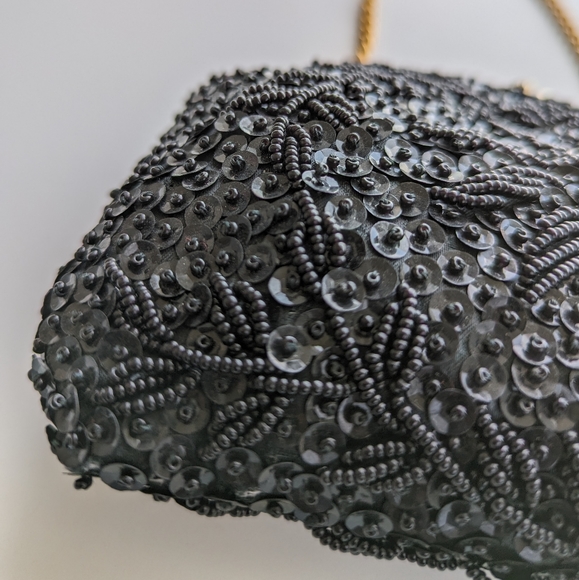 Vintage Petite Black Sequin and Beaded Evening Bag with Chain Handle - Picture 6 of 7